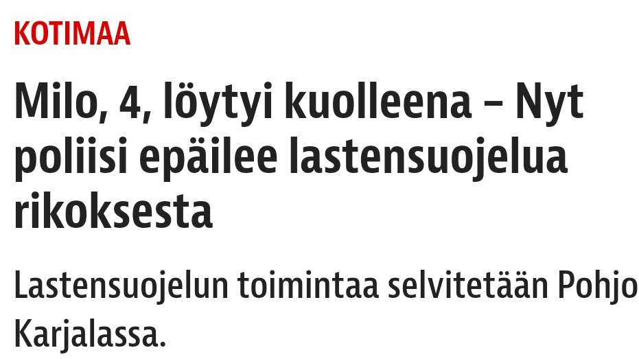 Vain kuukausi sitten kauhisteltiin 4v Milon kuolemaa. Lastensuojelua epäillään rikoksesta, kun resurssit eivät riitä.

Mitä tekee hallitus? Leikkaa 100 miljoonaa sosiaalihuollosta ja heikentää pätevyysvaatimuksia. Herätkää: lastensuojelusta säästäminen tappaa.