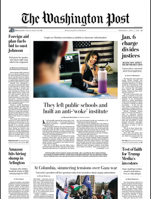 The story of my exit from public schools made the front page of the Washington Post! They called the school I opened an “anti-woke institute” I love it! Yes, we do teach our students to counter leftist indoctrination with the truth and all the facts! All for only $29 a month!…