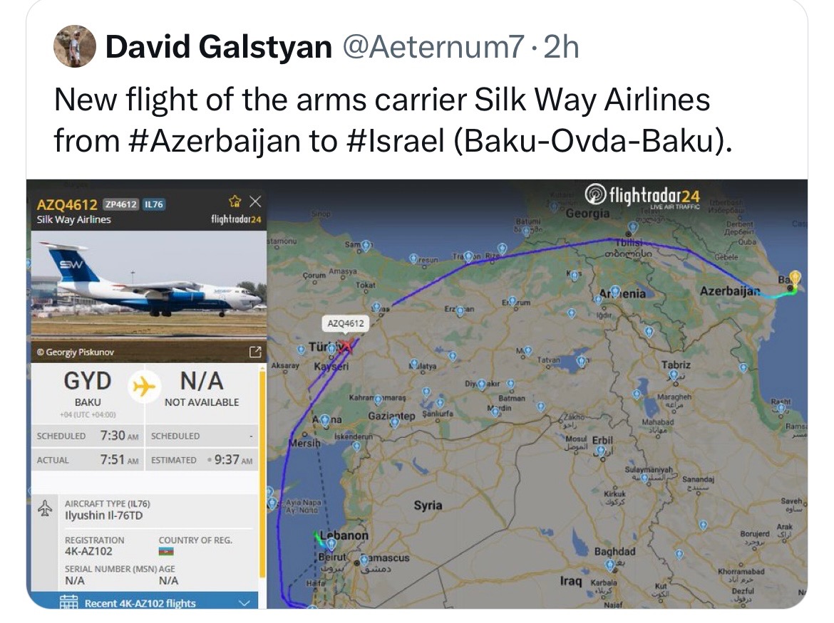 It looks like Israel continues to send Azerbaijan billions in weapons as Biden pushes for $26 billion in aid to Israel.  Israel has no issue with Azerbaijan trying to wipe Armenia off the map when its own security is under threat from Iran and its proxies.  #DoubleStandards