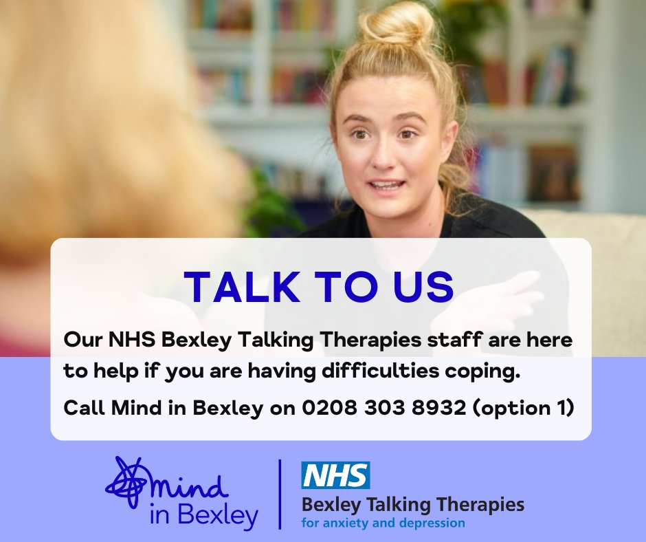 Find out how our Talking Therapies service could help you or your loved ones. There are three easy ways to sign up: 1) Call 0208 303 8932 (option 1) 2) Online: at the Mind in Bexley website or 3) Ask your GP/Healthcare Professional #bexley #talkingtherapies #anxiety #depression