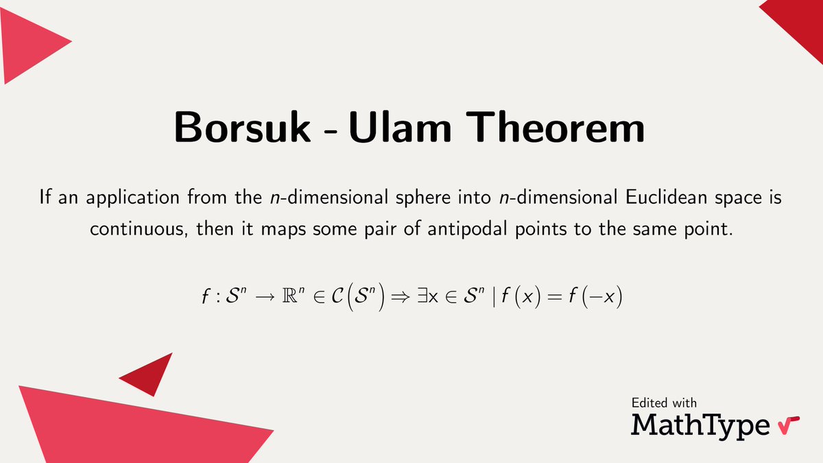 Karol Borsuk is the inventor of #ShapeTheory. One of his most famous theorems is the Borsuk-Ulam Theorem, which allows to make claims such as that there are 2 points on Earth with exactly the same temperature and pressure. #MathType #math #mathematics #mathfacts #Topology