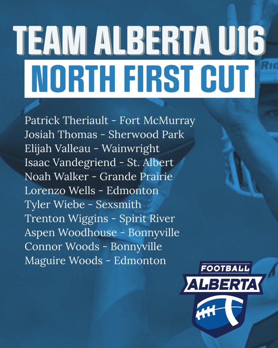 Congratulations to all the athletes who have made it to the first cut for Team Alberta U16 North. These players will be moving onto the North U16 Regional Selection Camp in Sherwood Park May 17-20. 🏈🏈 #football #footballalberta #teamalbertanorth #u16
