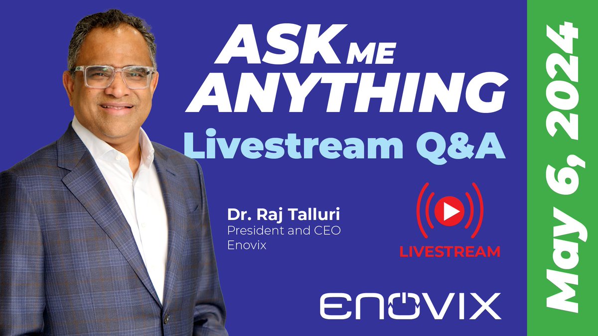 Enovix will host a live “Ask Me Anything” video call with President and CEO, Dr. Raj Talluri at 2:00 PM PT / 5:00 PM ET on Monday, May 6, 2024. Subscribe to ask questions and receive an alert when we’re live! 🔔 ow.ly/tH2x50RjmWs