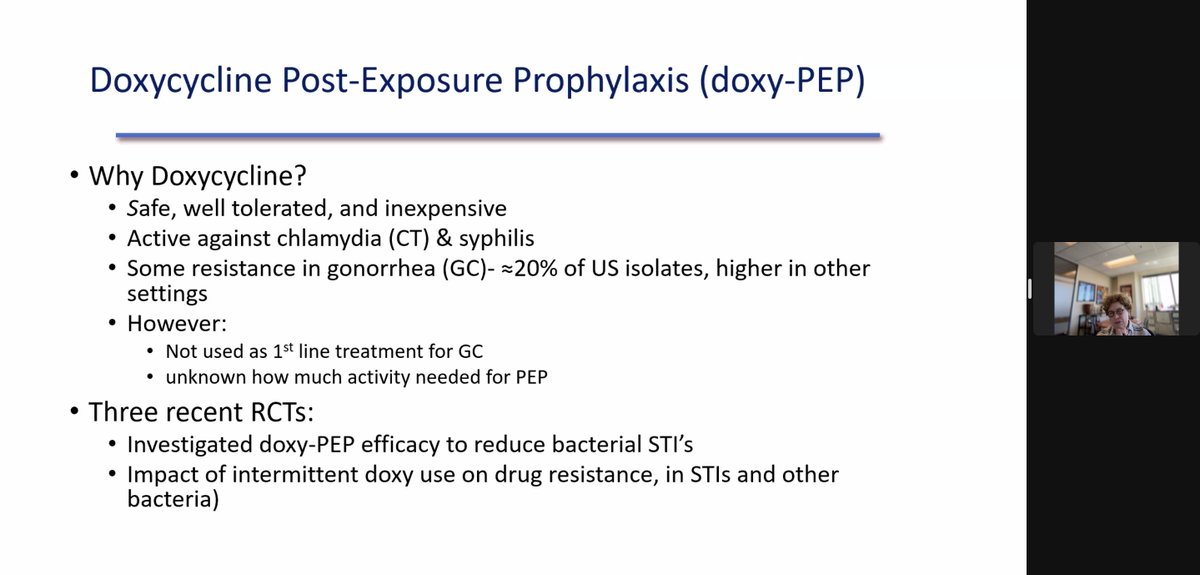 STI prevention researcher, @CelumConnie answers the question, 'Why Doxycycline?' on today's #DoxyPEP webinar: 🔊 Safe, well, tolerated, and inexpensive 🔊 Active against chlamydia and syphilis 🔊 Some resistance in gonorrhea