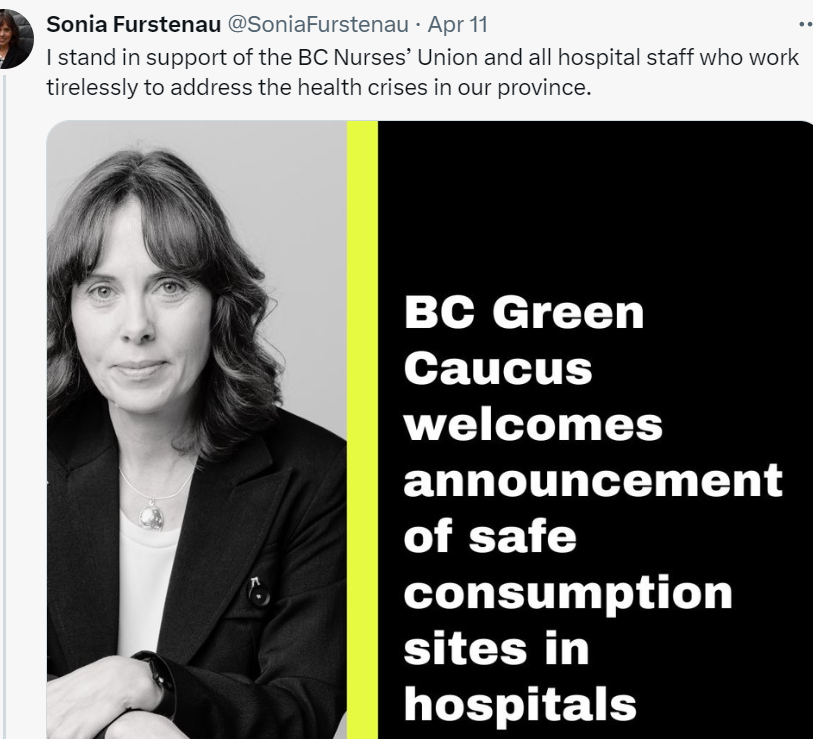 Isn't it crazy that @SoniaFurstenau @BCGreens, UNITED with #BRITISHCOLUMBIA NDP and Liberals think Nurses are ok with SHOOTING SNORTING & SMOKING HARD DRUGS anywhere in the hospital!? NURSES ARE MAD AS HELL! #bcpoli #commonsense @Conservative_BC  @BCNursesUnion