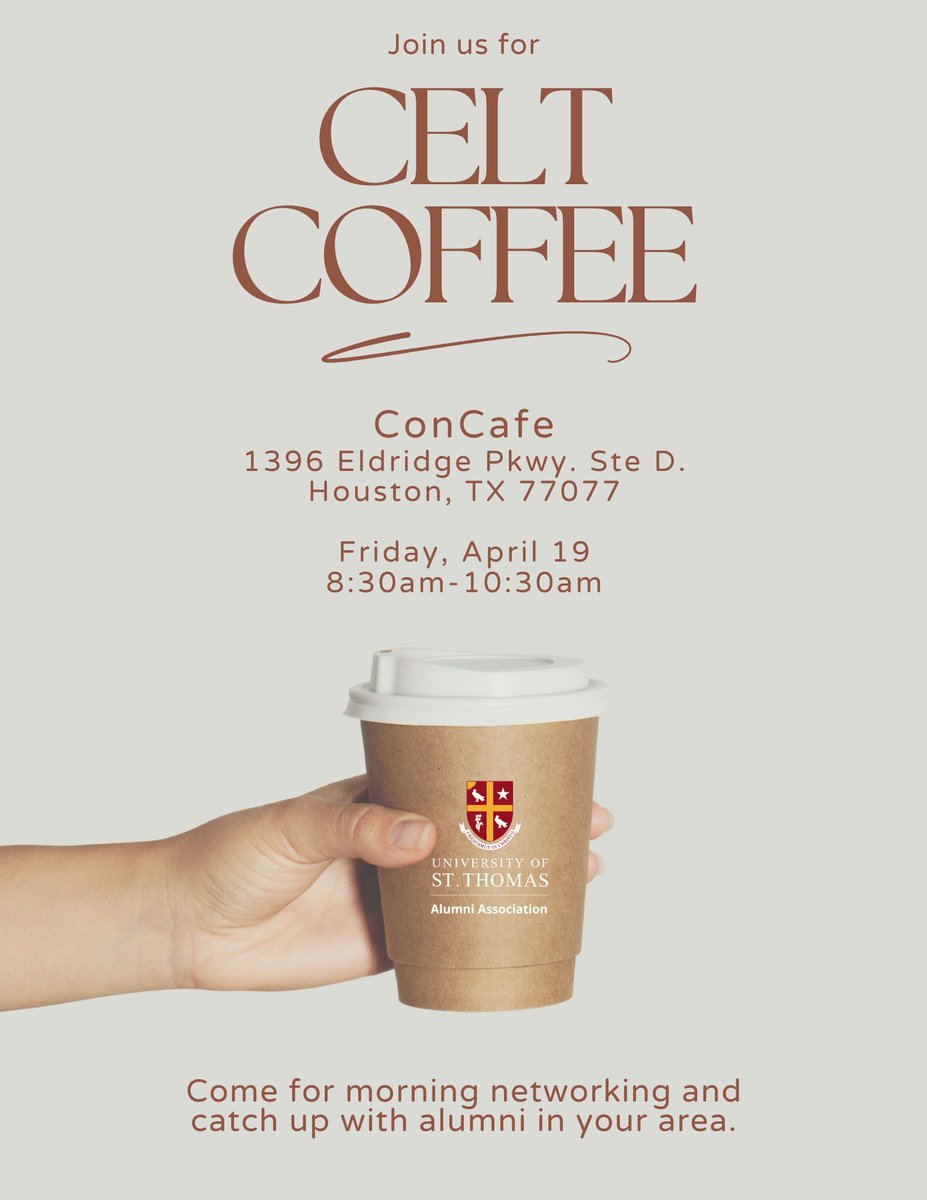 📣West Houston Alumni! We are coming your way this Friday for Celt Coffee at Con Café from 8:30-10:30am. We hope you can stop by to network with alumni in your area! No need to RSVP but you can email us or comment on this post to let us know you are coming. See you Friday! ☕
