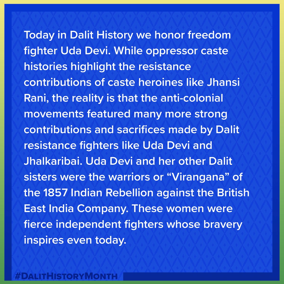 1/ Today we honor the bravery of Uda Devi, an anti-colonial freedom fighter and one of many fierce Dalit women who resisted British colonial rule. Uda Devi participated in armed resistance against her oppressors as the leader of a heroic battalion.