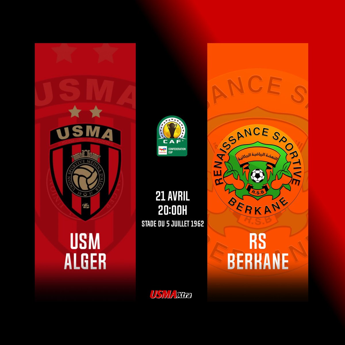 USMAXtra's tweet photo. #CAFCC | 1/2 finale aller

🔴⚫️ 𝐔𝐒𝐌𝐀 𝐯𝐬 𝐑𝐒 𝐁𝐞𝐫𝐤𝐚𝐧𝐞 🇲🇦

🗓 Dimanche 21/04
🕚 20:00h 🇩🇿
🏟 Stade du 5 juillet 1962 - Alger
📺 ENTV, Bein Sport 6 MENA

#USMARSB https://t.co/V9bryFVSff