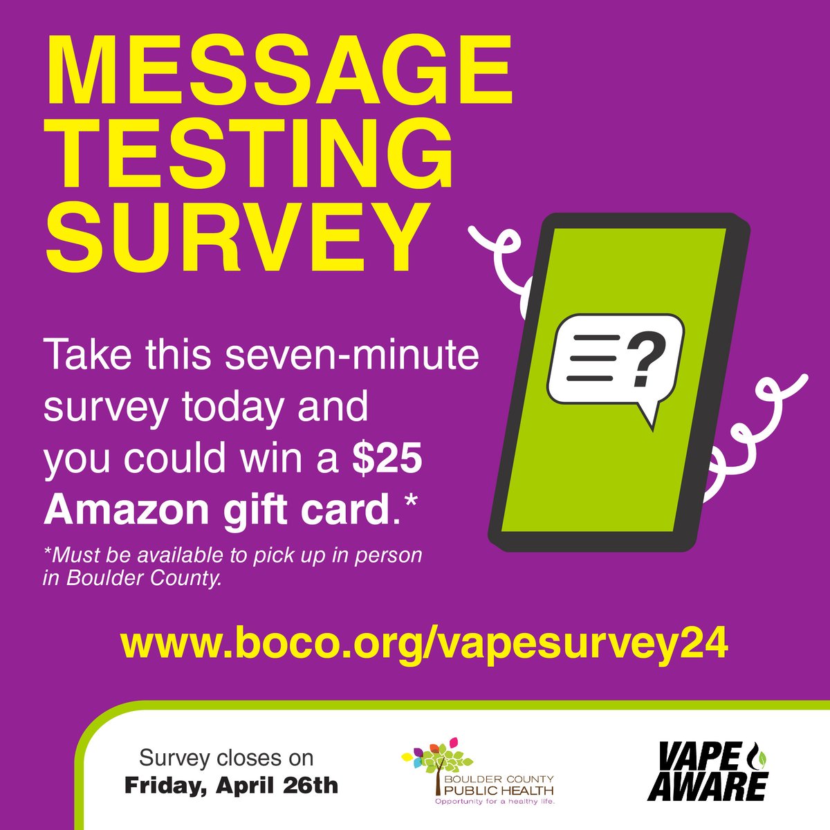 Boulder County Public Health is working to increase proper vape disposal, and they need your help! Completing this quick survey will help BCPH develop effective messaging: boco.org/vapesurvey24

#everydropcounts