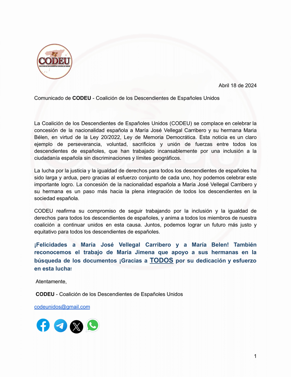 ¡Felicidades a las nuevas españolas! 🎉 En CODEU, estamos orgullosos de apoyar y luchar junto a nuestra comunidad. Agradecemos a todos por su apoyo y unidad. ¡Estamos aquí para los descendientes y seguimos firmes en nuestros criterios! 💪🇪🇸 <a href="/BelenVellegal/">María Belén Vellegal</a> <a href="/mvellegal2016/">majo</a>