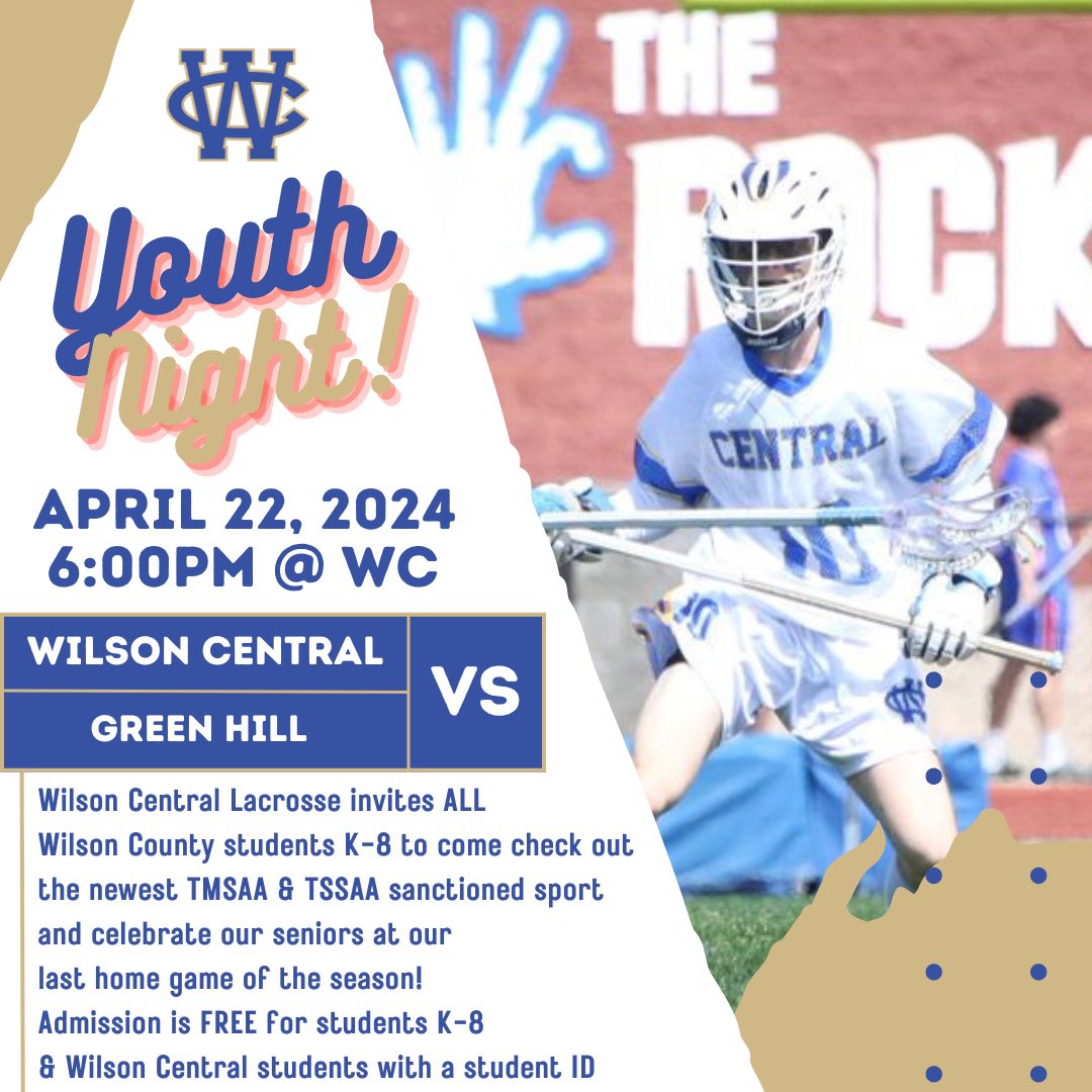 Come support your Wildcats this Monday for their Senior Night and last home game of the season! This will also be our first ever Youth Night! Admission is free for students K-8 and Wilson Central students with a student ID. More details below. Spread the word! #wclax 🚾 🥍