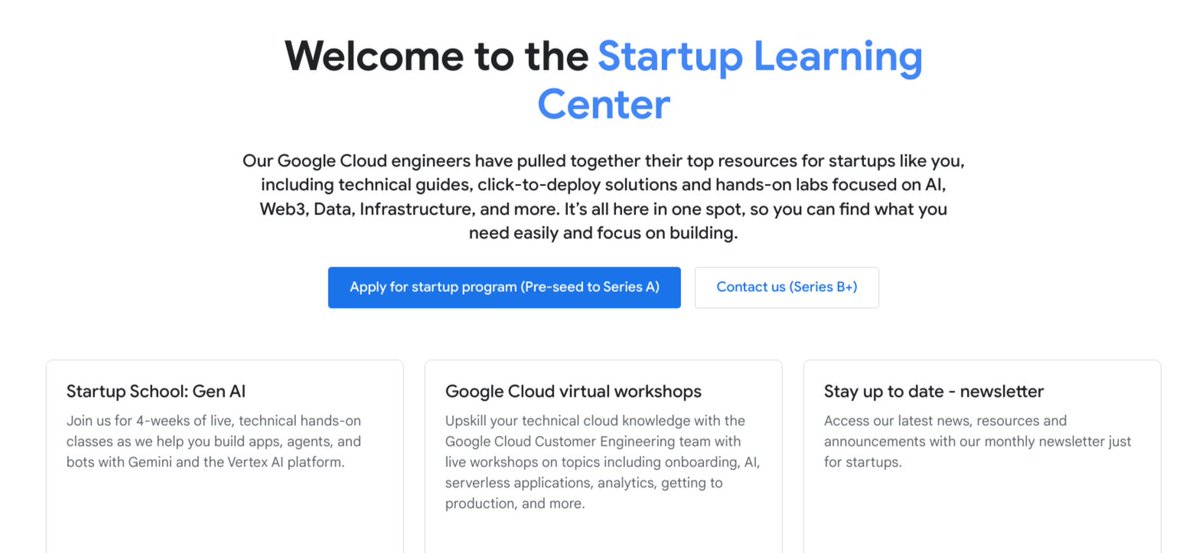 Level up your startup game! The Startup Learning Center is open for business. It offers tailored resources and helps you get started on the platform built for innovation. Check out the new hub for startups today → goo.gle/4d5FxU8 #GoogleCloudNext