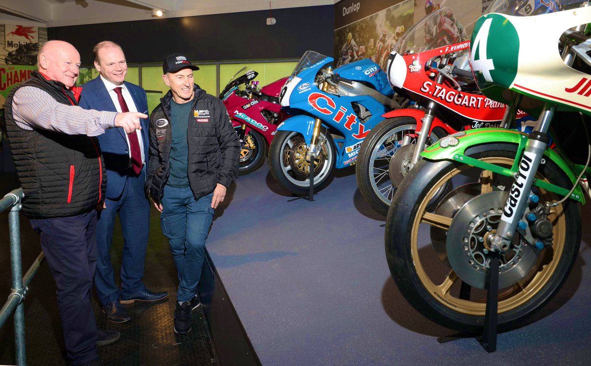 Fantastic to host the @northwest200 crew & @CommunitiesNI Minister @gordonlyons1 at the museum recently, as we all gear up for the famous road race this May! Dunlop, Herron, McNally, Kennedy & others…legends on the roads & now legends of our museum #NW200 northwest200.org/ulster-transpo…