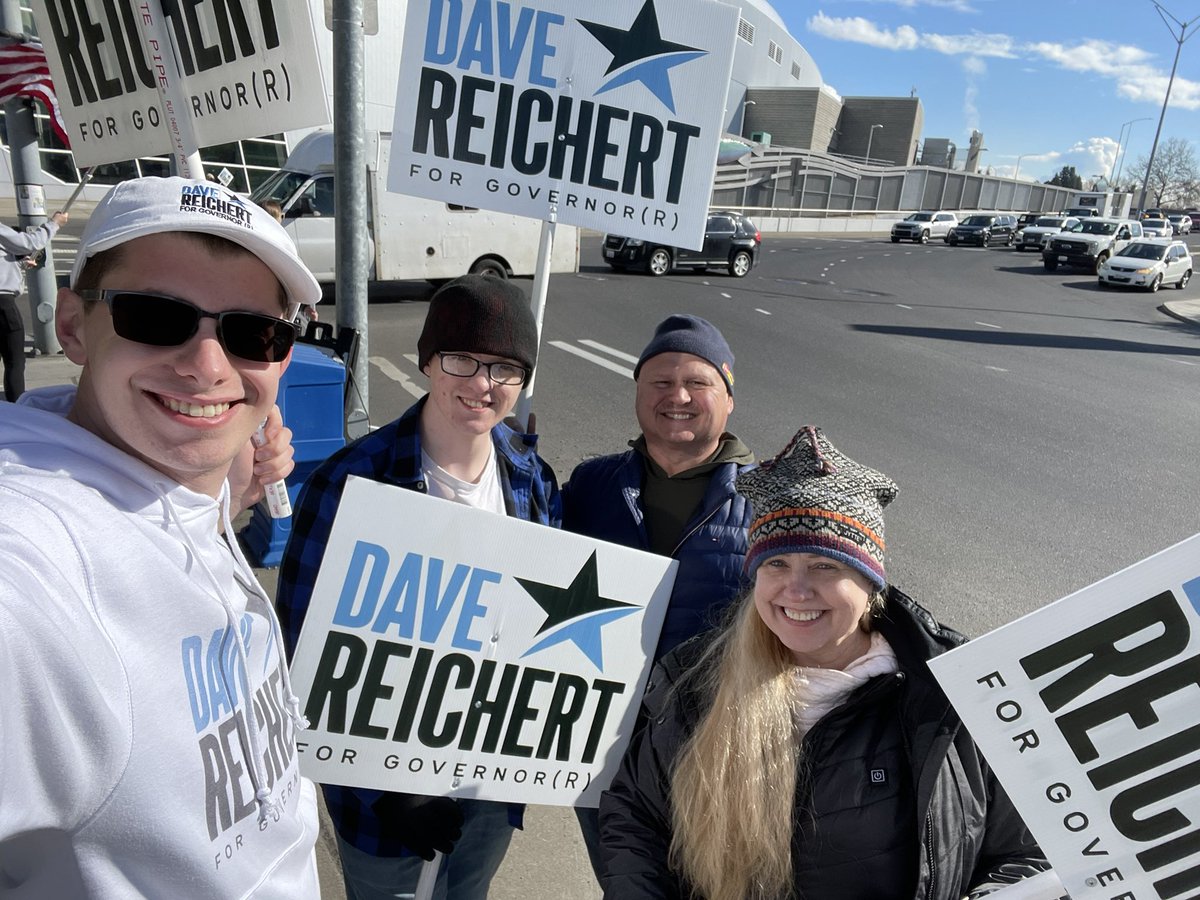 Great morning sign waving for our next governor, @reichert4gov with @tristan_mospan & Rep. Jenny and Curtis Graham here at the @WAGOP convention in Spokane! #teamreichert #reichert4gov #waelex