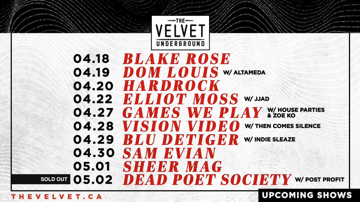 COMING UP ⚡️ Tonight, don't miss rising pop star #BlakeRose! Tomorrow, #DomLouis makes his stop, and on Monday, New York-based singer-songwriter #ElliotMoss will bring his downcast electronic pop sound to the stage! Tickets and more are available at thevelvet.ca