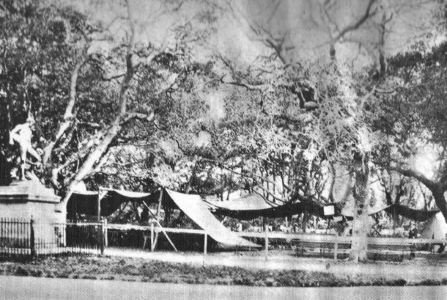 Outdoor kitchens were set up by the Football Players statue on the @Cal campus to feed refugees from San Francisco following the April 18, 1906 earthquake.