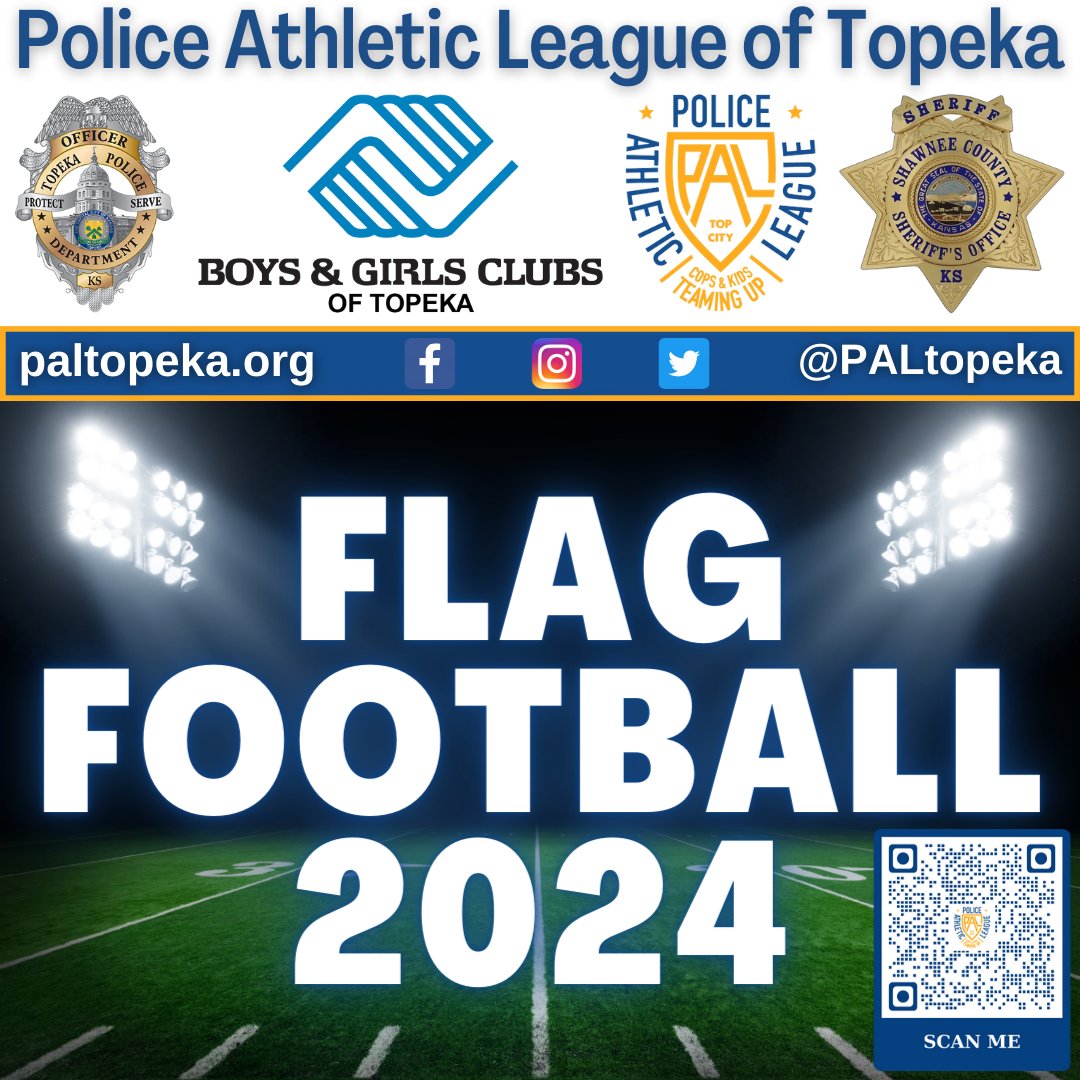 PALtopeka's tweet photo. 🟩 Registration for the 2024 PAL Flag Football League is open!

We are excited to partner with the @BGCofTopeka, @Topeka_Police &amp; @ShawneeSheriff 🏈

Register today! https://t.co/cGhBw2BAbE