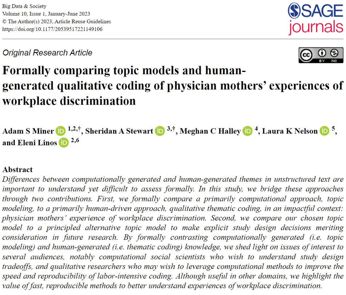 'Formally comparing topic models and human-generated qualitative coding of physician mothers’ experiences of workplace discrimination' by Adam S.. Miner, Sheridan A. Stewart, Meghan C. Halley, Laura K. Nelson, and Eleni Linos. Read more at: buff.ly/3kyYxUf