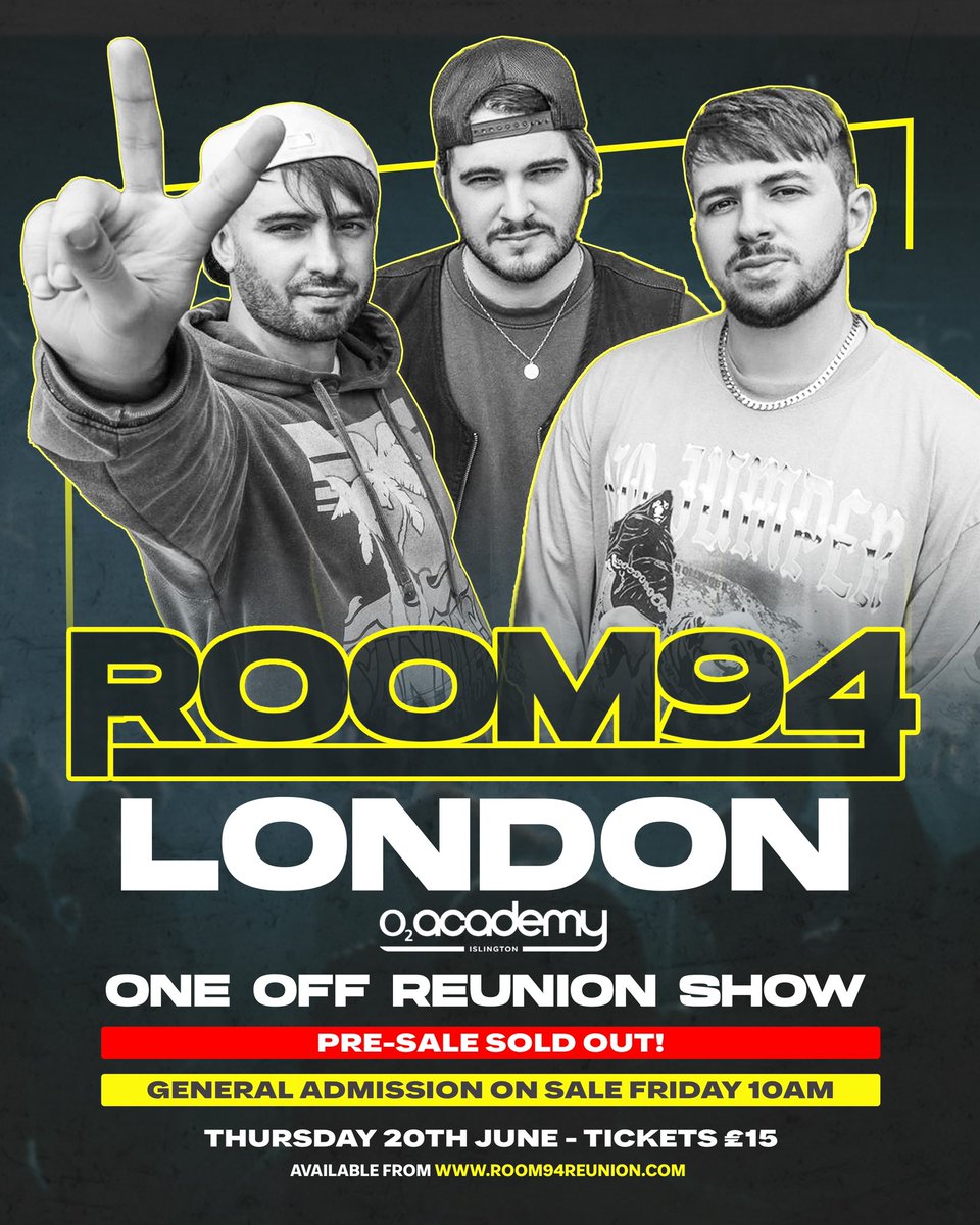 Pre-sale tickets for our reunion show SOLD OUT in under 1 minute but GENERAL ADMISSION tickets go on sale TOMORROW at 10am ⏰ Set your alarms and get ready! We're expecting them to go QUICK! room94reunion.com