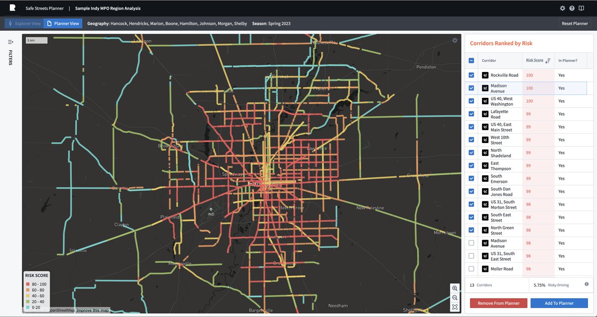 This week Replica and @IndyMPO partnered to launch a new tool to bring safer streets to the region. Replica's Safe Streets Planner enables public agencies to map existing conditions, analyze specific corridors, & generate their own High Conflict Corridor and Safety Action Plans.