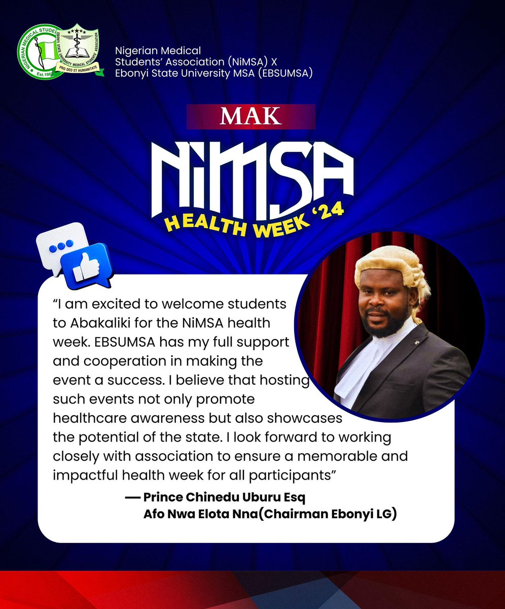 NiMSA_Nigeria's tweet photo. MAK NiMSA HEALTH WEEK ‘24💫

Hello members of the Medical Community,

We are thrilled to announce that the Ebonyi local government chairman has extended a warm welcome to all students visiting Abakaliki for the NiMSA health week. Their support and enthusiasm for this event… https://t.co/h4CNtGnrQ8