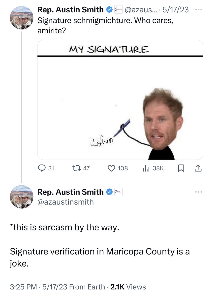 Here is Austin Smith mocking Stephen Richer and signature verification in Maricopa County less than a year ago. Smith just backed out of his 2024 race due to allegations of falsified signatures.