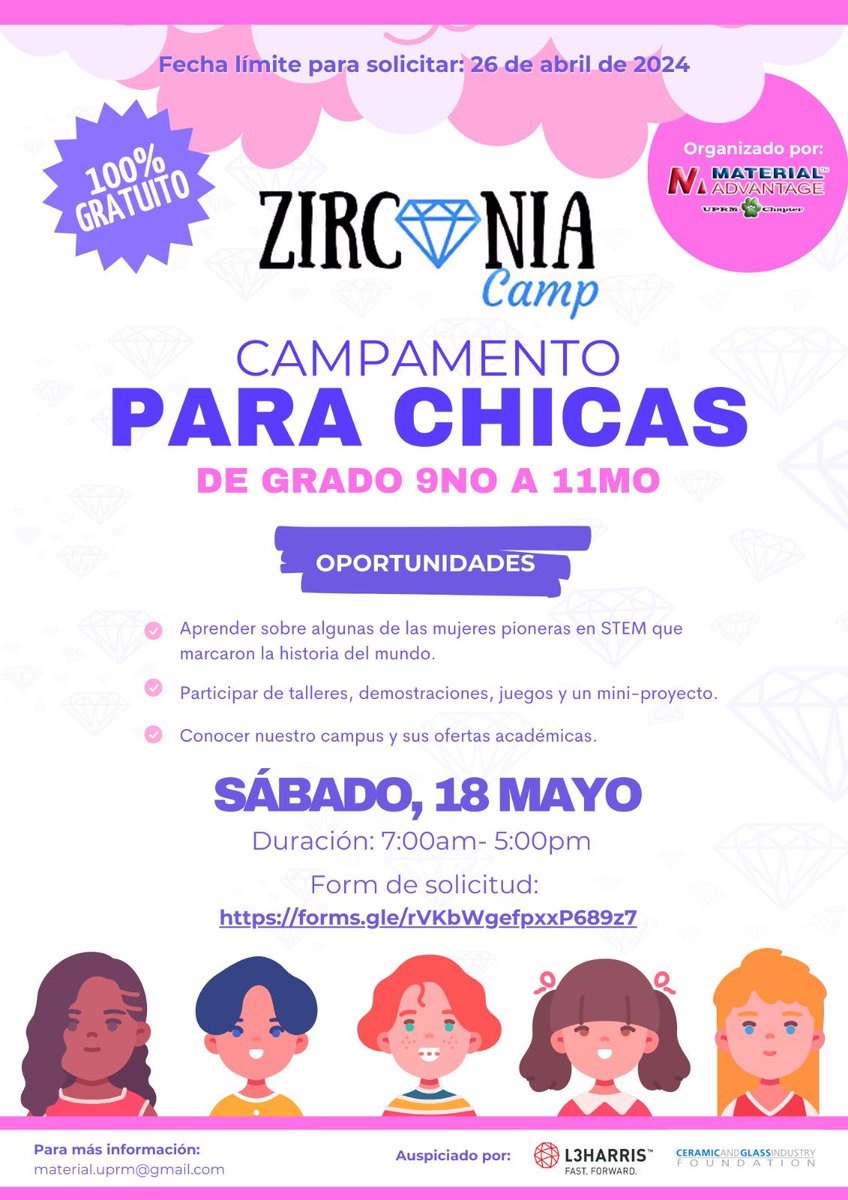 ¡Únete ya al Zirconia Camp 2024! Campamento STEM para chicas de Grado 9-11. ¡Sábado, 18 de mayo, de 7:00 a.m. a 5:00 p.m. en UPRM!
 Descubre el legado de mujeres pioneras en STEM, participa en talleres interactivos y mucho más. ¡Inscríbete antes del 26 de abril! 🚀👩‍🔬🔬