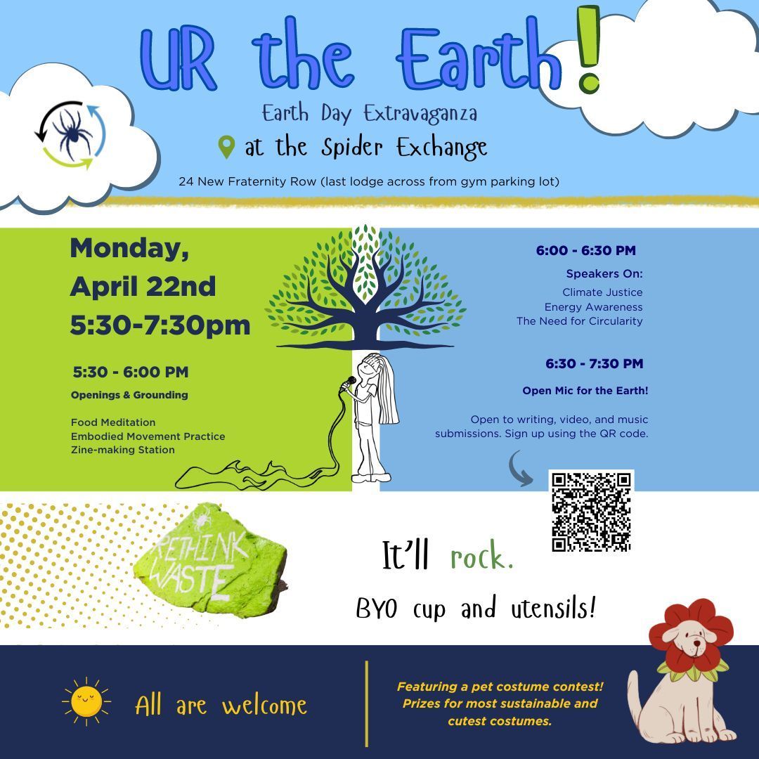 University of Richmond Sustainability (@beagreenspider) on Twitter photo Earth Day. ๐  Monday, April 22. ๐ง Looking for a way to reflect and connect on Earth Day? Swing by the Spider Exchange from 5:30 - 7:30 p.m. for a stellar line-up of Earthy activities including food meditation, embodied movement practice, a zine-making station and more! Earth Day. ๐  Monday, April 22. ๐ง Looking for a way to reflect and connect on Earth Day? Swing by the Spider Exchange from 5:30 - 7:30 p.m. for a stellar line-up of Earthy activities including food meditation, embodied movement practice, a zine-making station and more!