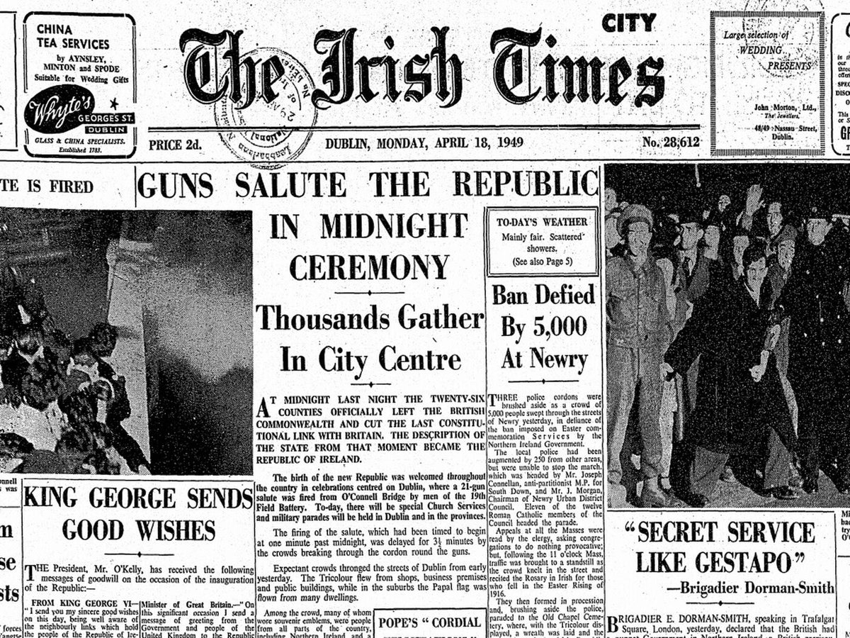 #OTD in 1949, the Republic of Ireland withdrew from the British Commonwealth when the Republic of Ireland Act came into force. The British Parliament recognized the declaration but re-asserted sovereignty over the six northern counties, which was not recognized by Ireland.