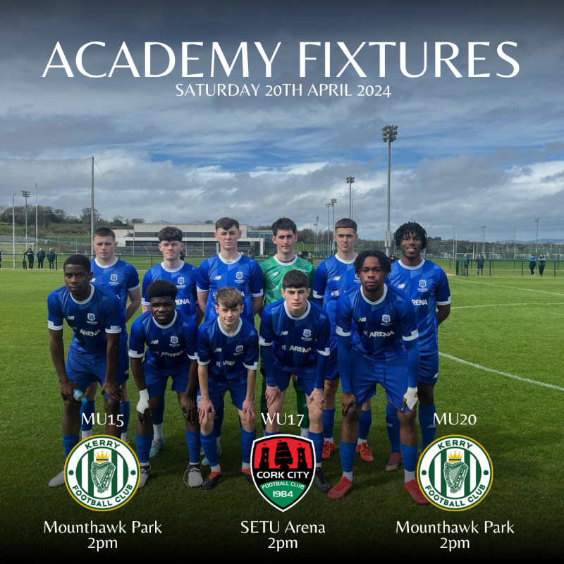 Today's Academy Fixtures ⚽️ Best of luck to our MU15s, WU17s & MU20's, who are all in action this afternoon 👊 Our MU15s & MU20s both travel to Tralee to face Kerry FC at Mounthawk Park, whilst our WU17s host Cork City FC in SETU Arena at 2pm. #WaterfordFC | @AcademyWFC