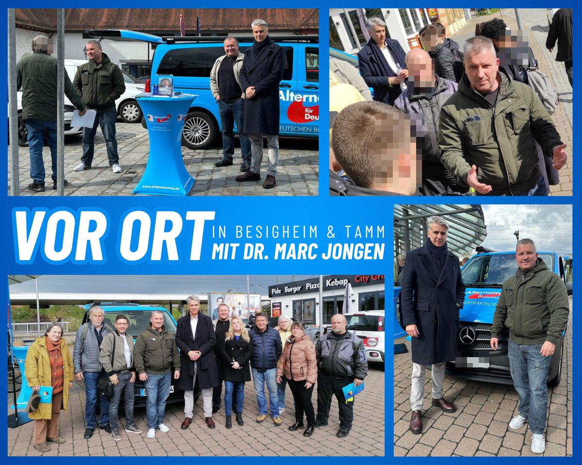 Auch heute war ich wieder mit dem Bürgermobil der AfD-Bundestagsfraktion unterwegs, diesmal zusammen mit meinem Bundestagskollegen Dr. Marc Jongen in seinem Wahlkreis Neckar-Zaber. Zuerst ging es nach Besigheim, danach kamen wir in Tamm mit den Bürgern ins Gespräch. Hier bewegt