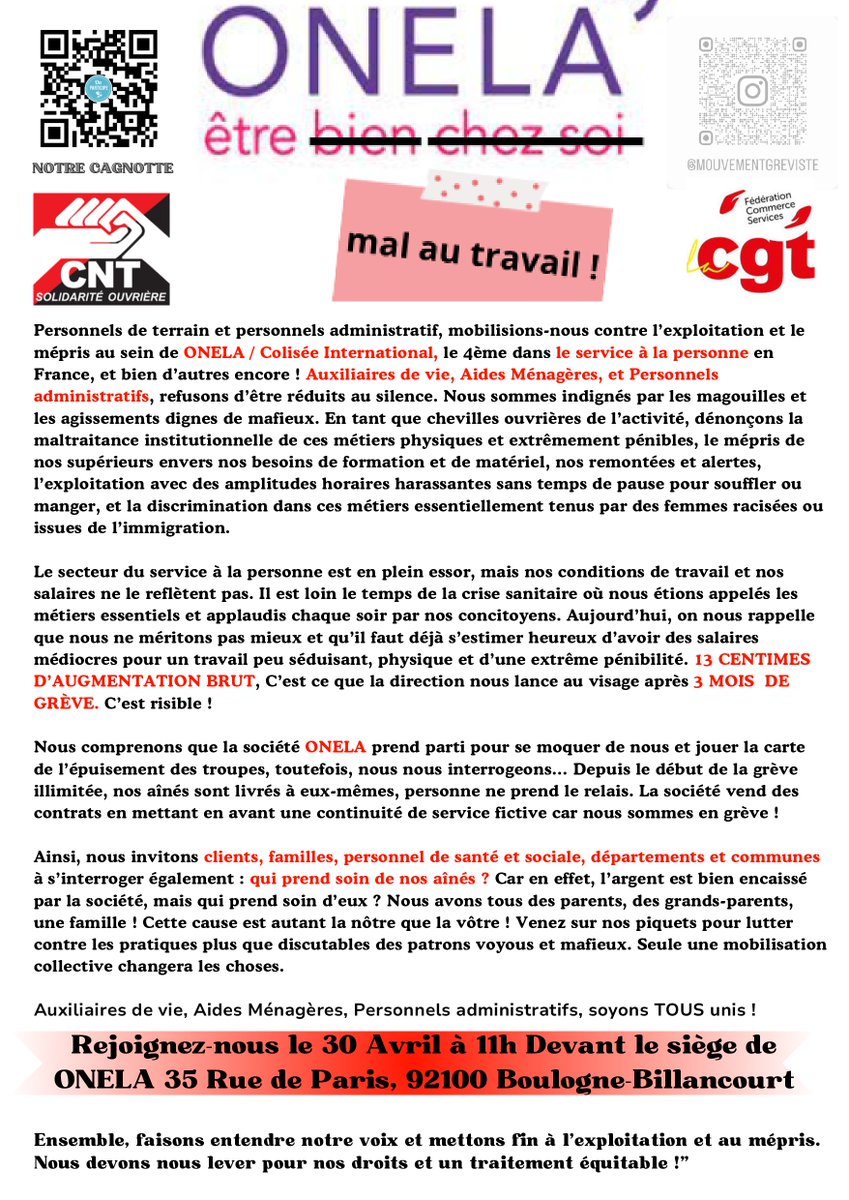 En grève depuis le 1er févier, les travailleur-euses d'#ONELA (services à la personne) ne lâchent rien ✊

Soutenons-les 🤝

👉 Grand rassemblement le 30 avril à 11h devant le siège, 35 rue de Paris 92 #BoulogneBillancourt ⤵️