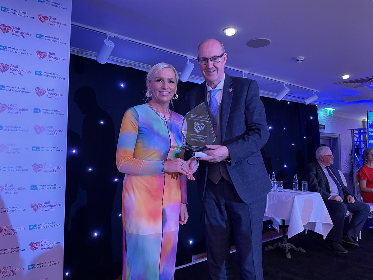 WesternHSCTrust's tweet photo. The Supporting Our Services Champion Award goes to Thomas Doherty, Support Staff, Rossdowney House (collected by Stacey Brolly); Mavis McFarland, Secretary, Woodlea House and Nikita McCarney, TMS Booking Officer, SWAH #WTStaffAwards24 https://t.co/cGVw47n5JE