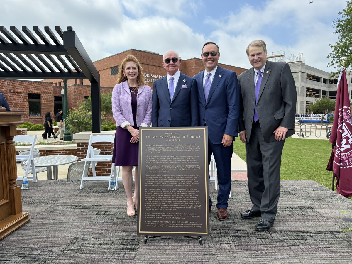 Real honor today to join @TarletonPrez and Rep. @ShelbySlawson to honor Dr. Sam Pack at Tarleton State and the naming of the Dr. Sam Pack College of Business. A great citizen and a great Texan.