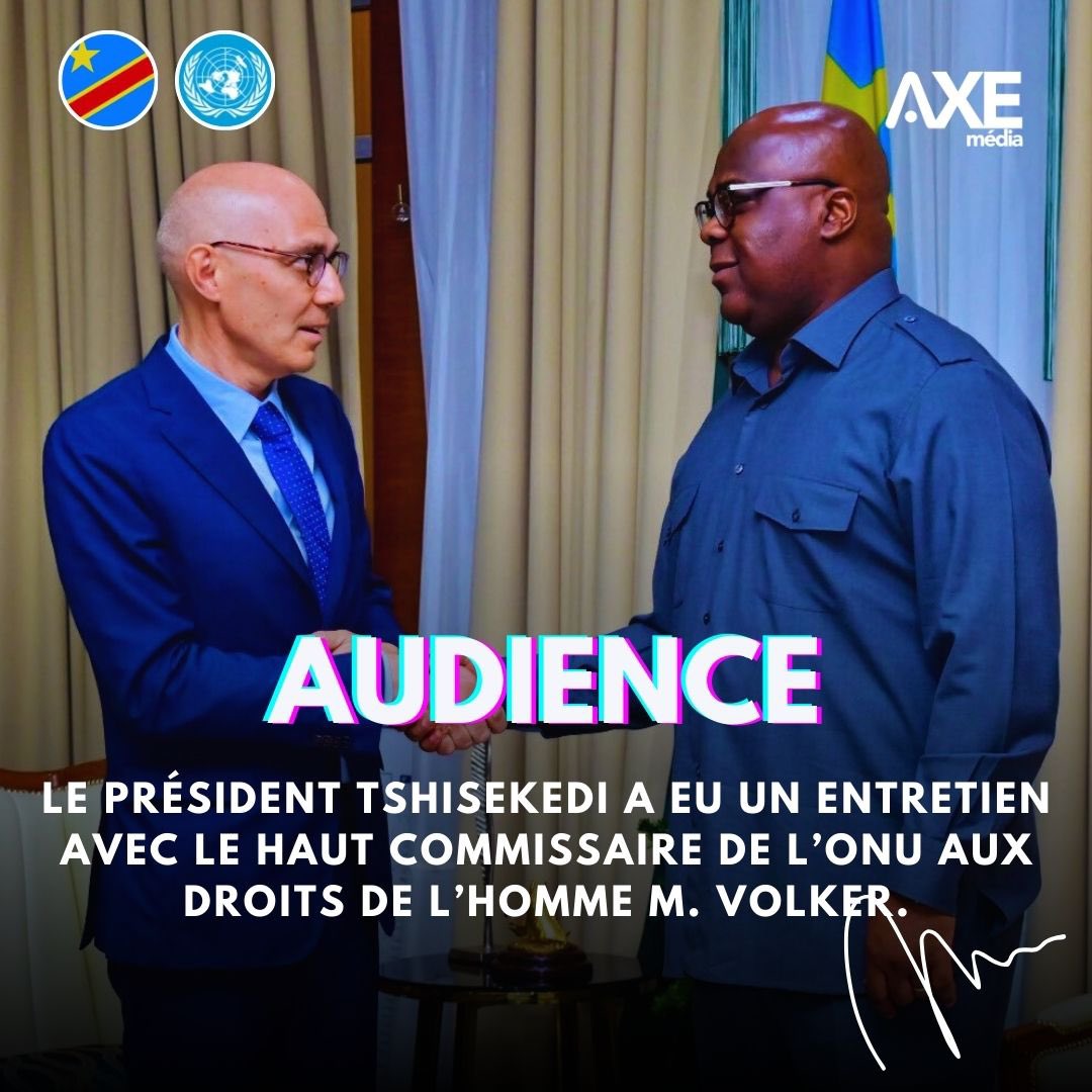 Ce jeudi 18.04.24. à la Cité de l’Union africaine, le Président Félix Tshisekedi a eu un entretien avec le Haut commissaire de l’ONU aux droits de l’homme Volker Turk qui vient d’achever une mission de 4 jours en RDC. #AXEmedia 🇨🇩