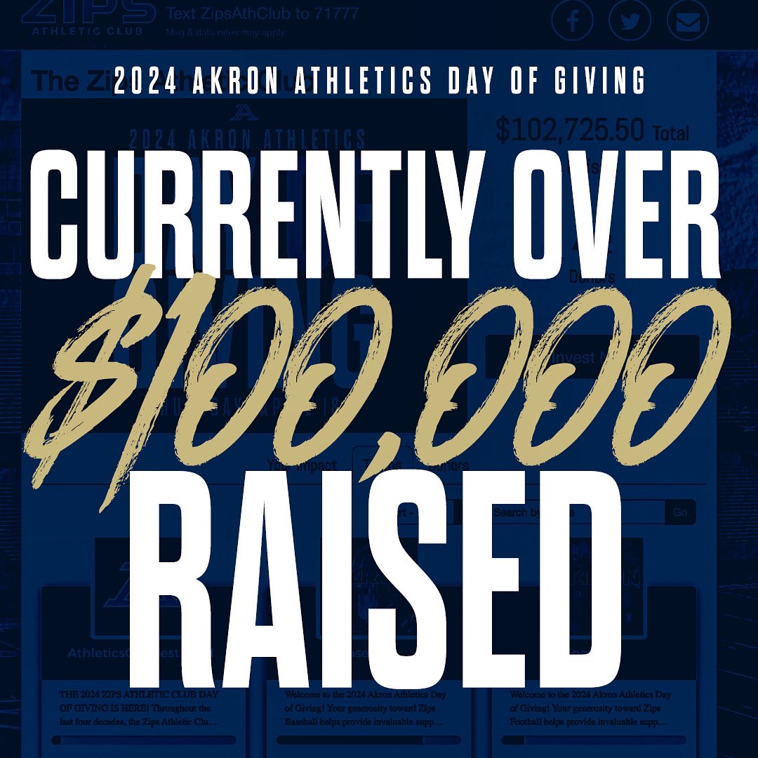 OVER $100,000 & COUNTING 🎉 We👏 are👏still👏rocking There is still ⏰ to donate today to our Zips Athletics Day of Giving! Invest now 👉 bit.ly/3I6MeqR #GoZips l 🦘