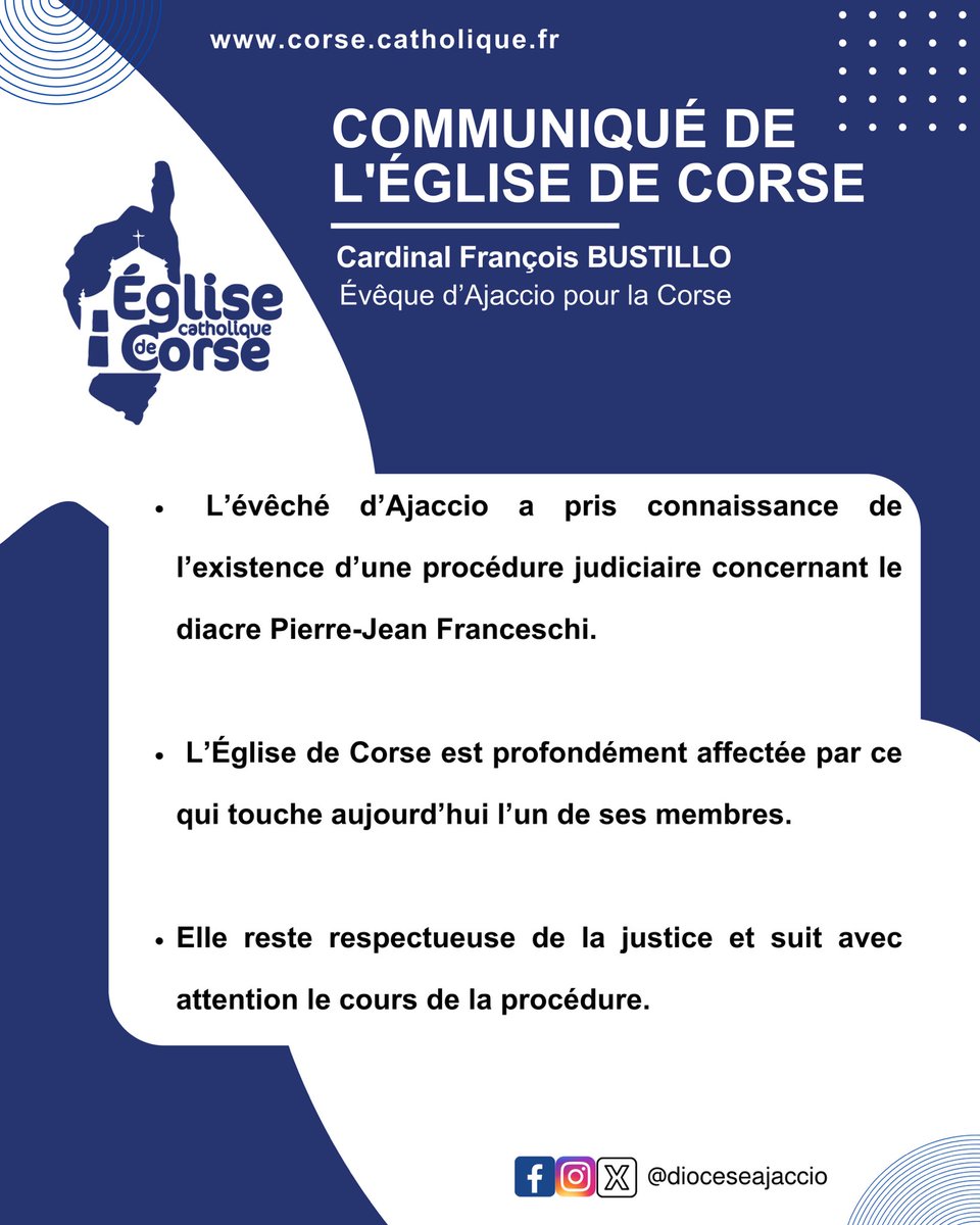 ℹ️ Communiqué Officiel de l’Église de Corse : Nous suivons de près la procédure judiciaire concernant le diacre Pierre-Jean Franceschi. Nous sommes unis dans cette épreuve et respectueux de la justice. Pour plus d’infos ➡️ corse.catholique.fr — #dioceseajaccio #communiqué