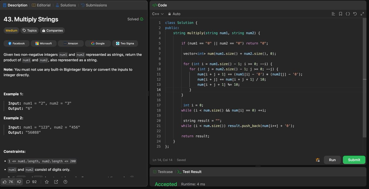 Day 31 of #100daysofcode: Solved leetcode problem number 43, Multiply Strings