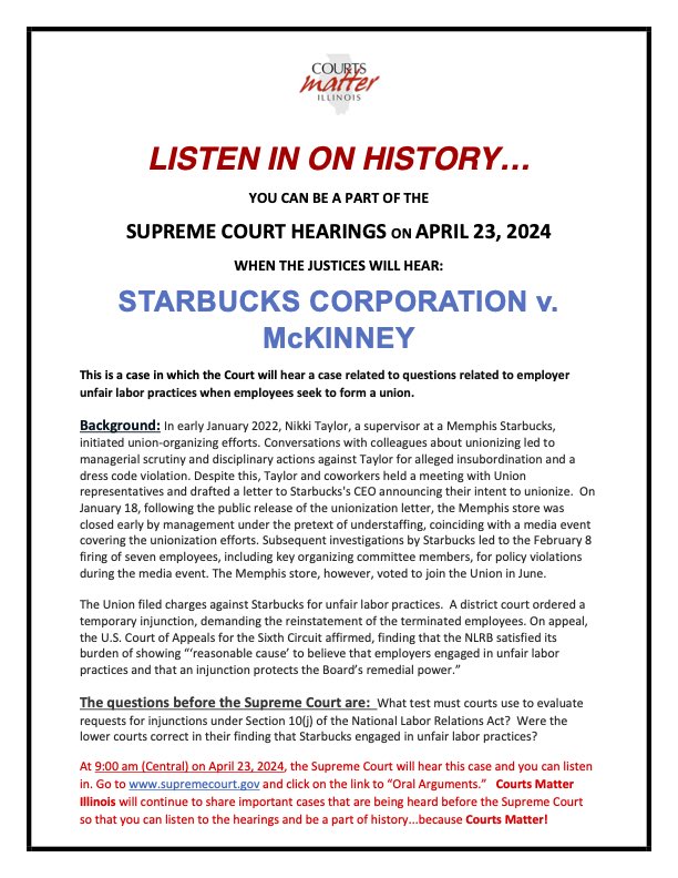 Listen in on history: Starbucks Corporation v. McKinney. Tune into #SCOTUS hearing on Tuesday, April 23rd, 2024 at 9:00 AM CST at supremecourt.gov. #CourtsMatter