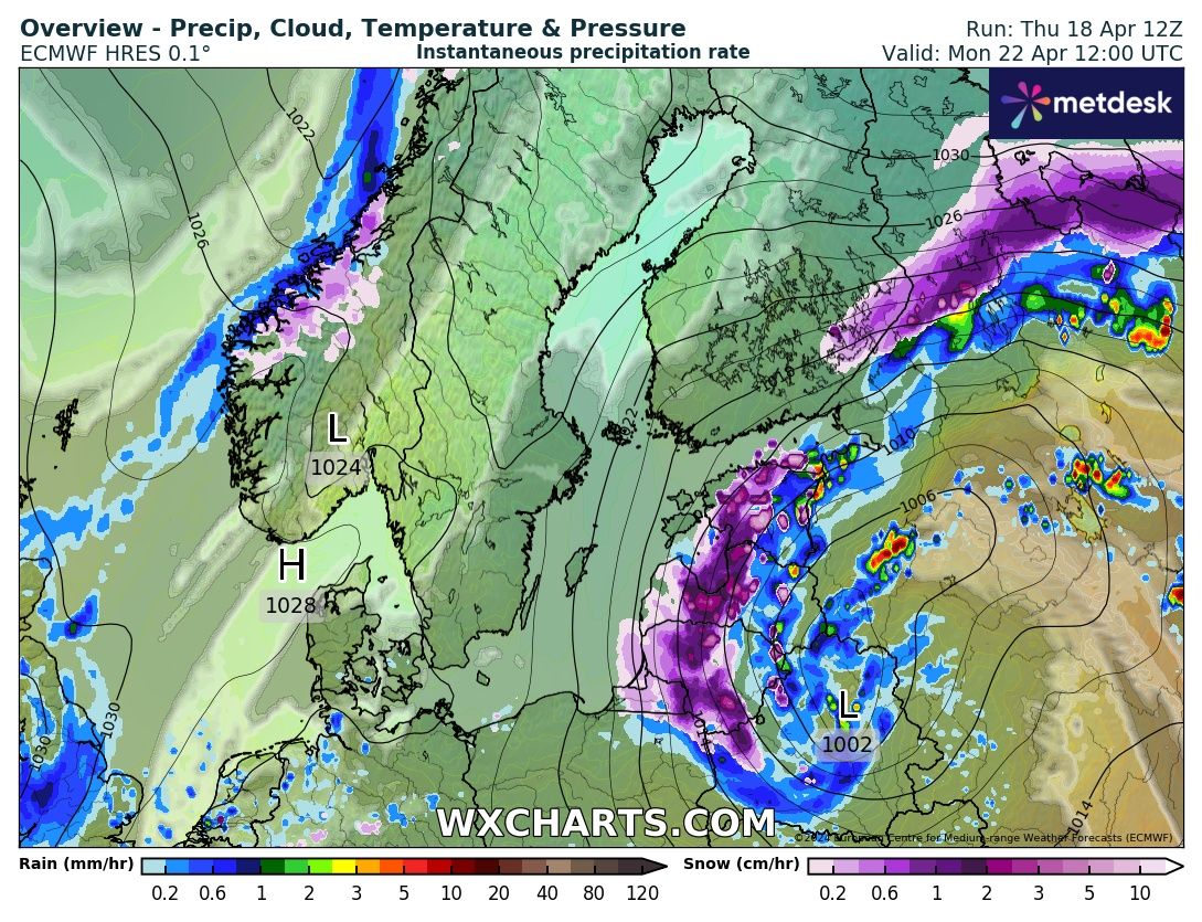 MeteoLatvia's tweet photo. ❄️ Jaunākajās modeļu prognozēs arvien pārliecinošāk uzrādās scenārijs, ka pirmdien Latviju no dienvidaustrumiem sāks šķērsot ciklons ar mazkustīgu nokrišņu zonu, kas lielākajā valsts daļā atnesīs ilgstošu sniegu. Otrdienas rītā teju visā valstī 2-7 cm sniega, vietām līdz 10 cm. Temperatūra gan naktī, gan dienā ap -4°C...+3°C.