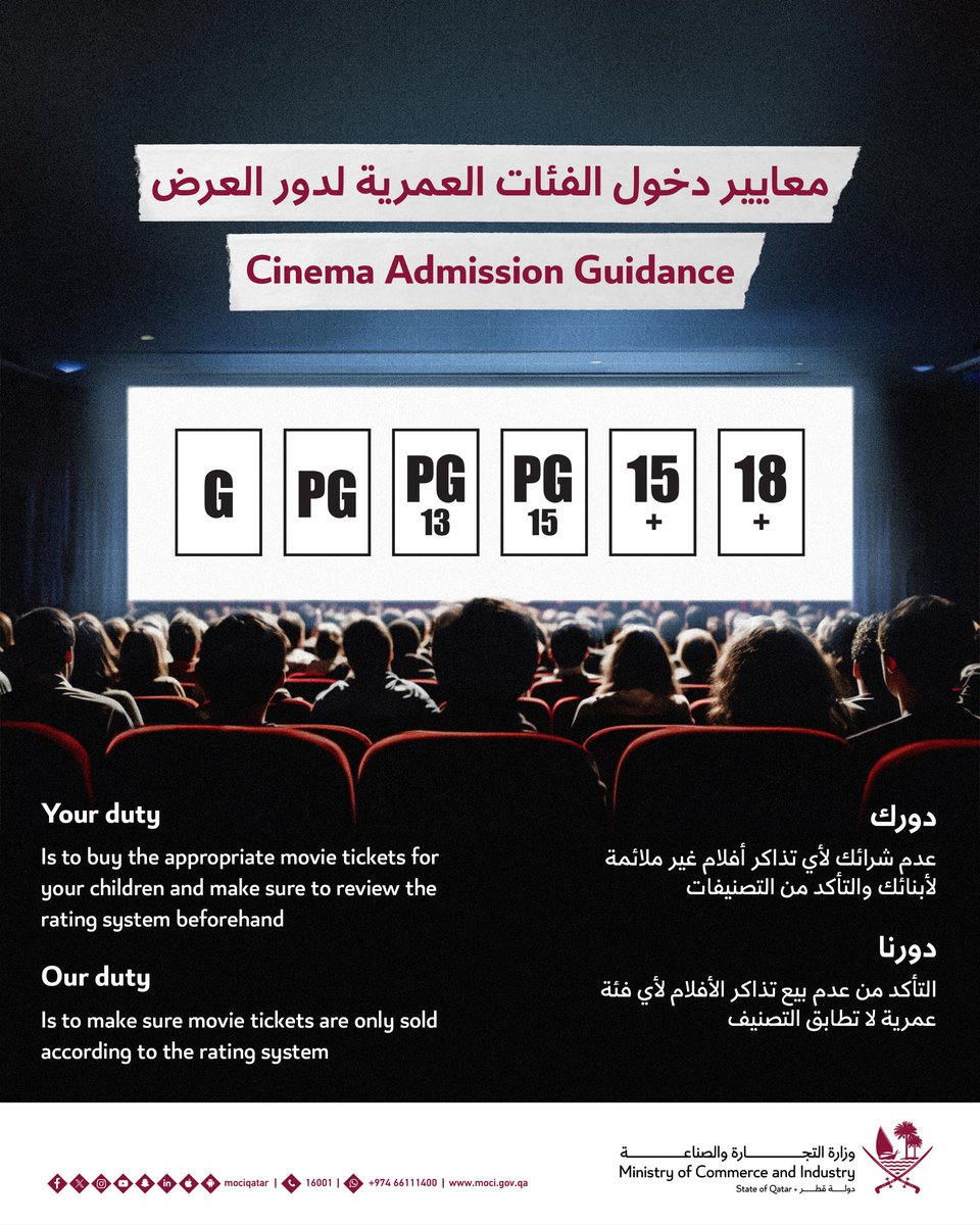 معايير دخول الفئات العمرية لدور العرض. #التجارة_والصناعة Cinema Admission Guidance. #MOCIQATAR