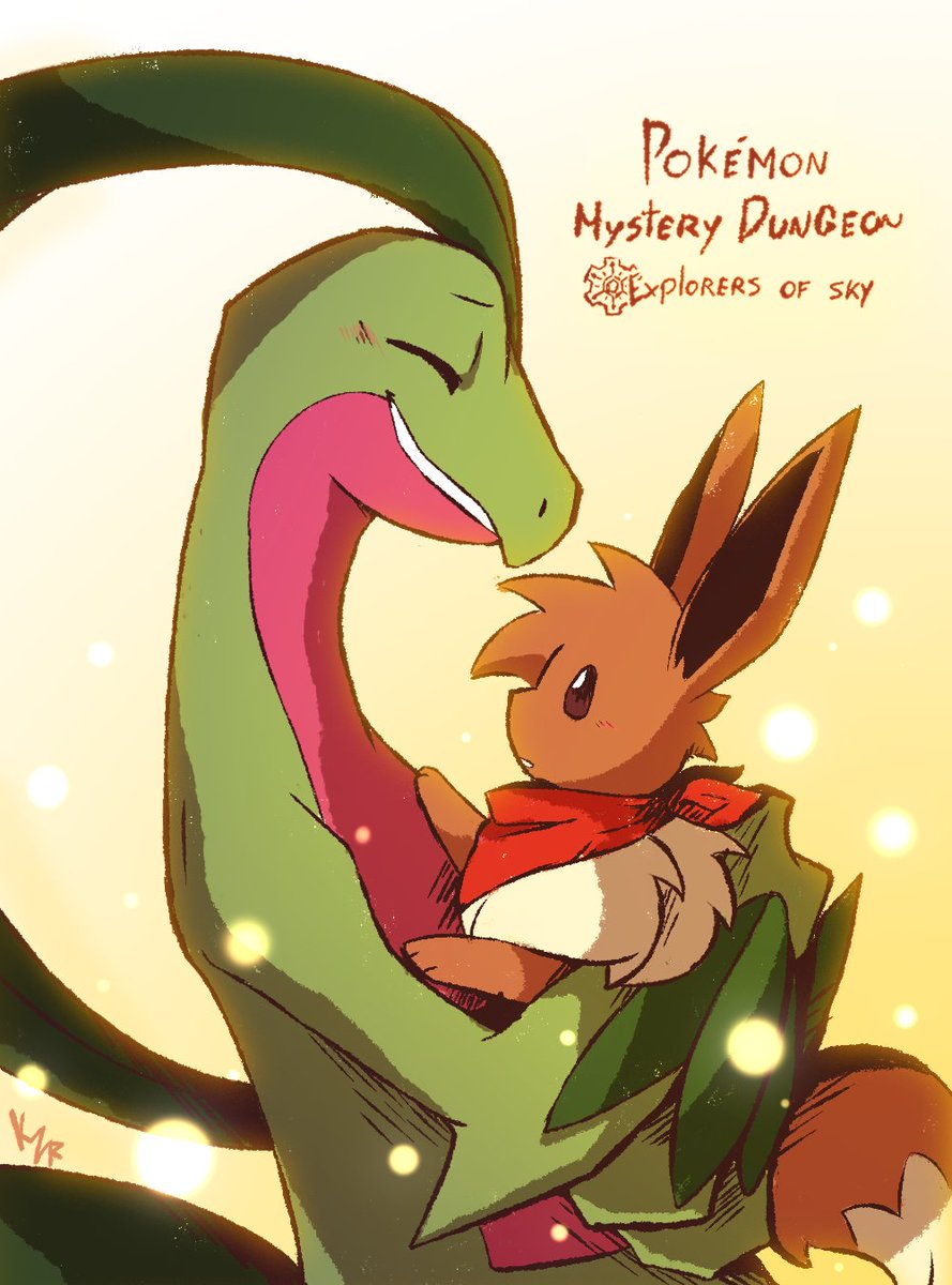 'Reunion of hero and an old friend. '
#mysterydungeon #pokemon #PMD #pokemonmysterydungeon #ポケダン空15周年 #ポケモン絵 #grovyle #hero #eevee #ocs