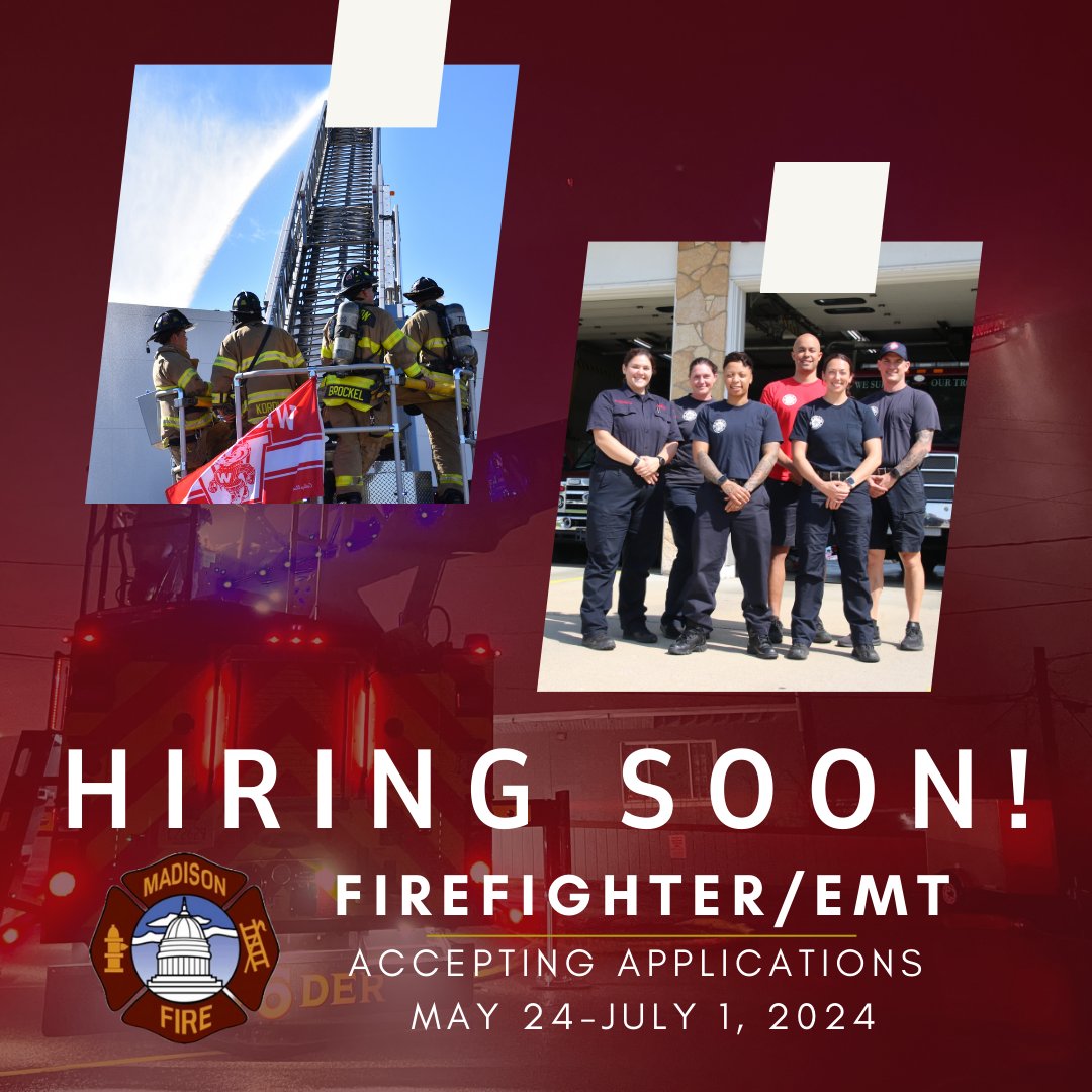 Do you want to serve your community? GET. READY. We’ll begin accepting applications for the position of full-time Firefighter/EMT on May 24, 2024. Applications will be accepted through July 1, 2024. Learn more: cityofmadison.com/fire/blog/2024…