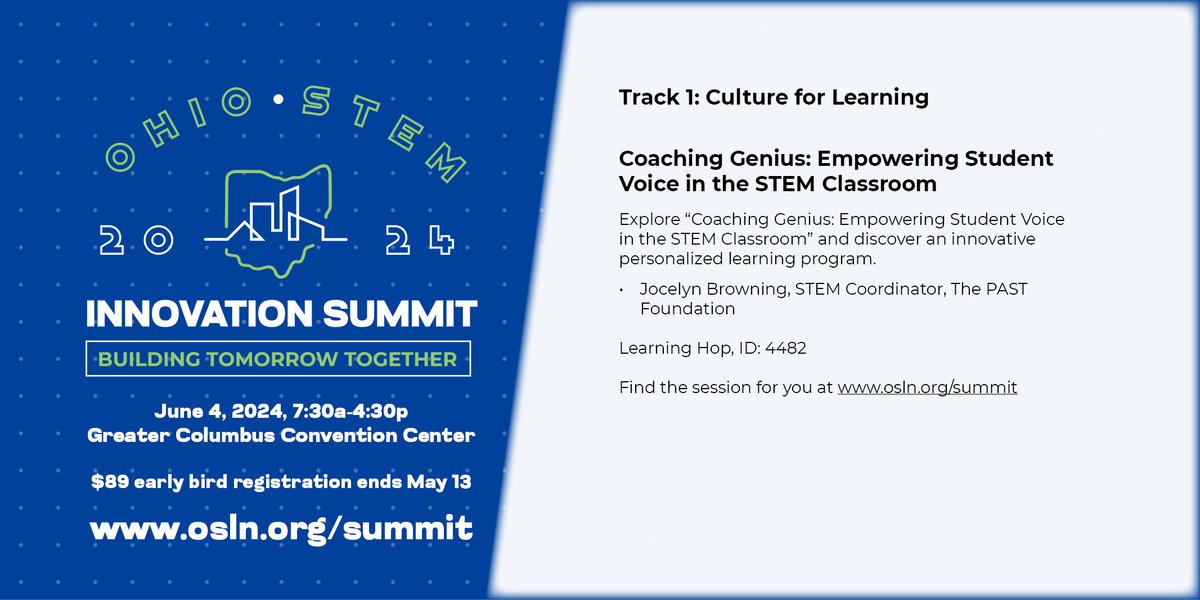 OSLN's tweet photo. Discover how to empower student voice in the STEM classroom at the #OhioInnovates Summit. Join Jocelyn   Browning from @pastfoundation as she explores the Coaching Genius program. Don't miss out, register now!   https://t.co/iOr9Gpznkp https://t.co/DamV2NCffc