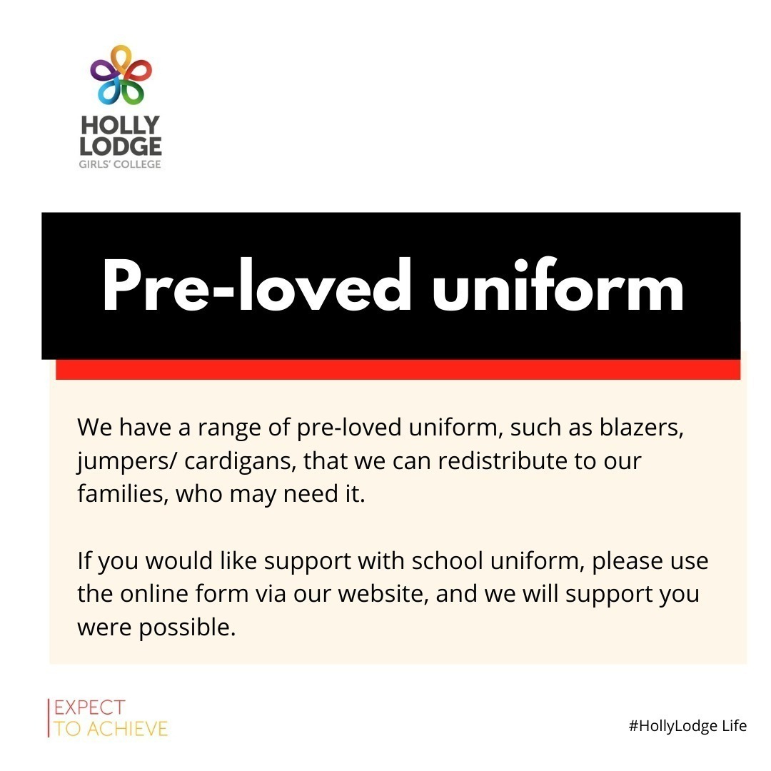 Pre-loved Uniform 

We hold a stock of pre-loved uniform that are able to support those families who need it.

 If you feel that this may be of benefit to you, please complete the form on our website: 

hollylodge.liverpool.sch.uk/school-uniform…

 #HollyLodgeLife #HLGC #Expecttoachieve