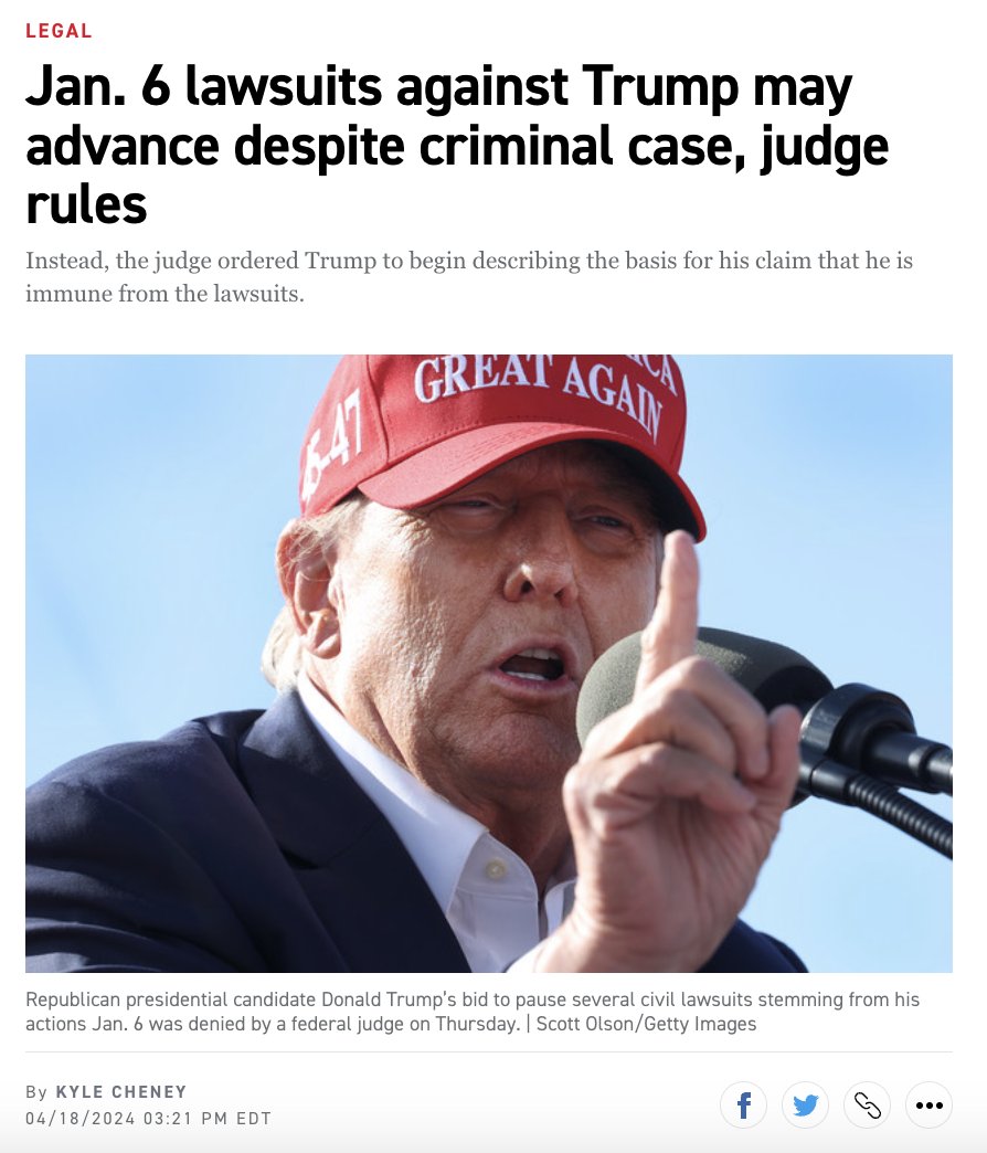 NEW: Judge Mehta has *denied* Donald Trump's motion to pause the Jan. 6 lawsuits against him filed by members of Congress and police officers. Trump wanted them put on hold until his criminal case is resolved. politico.com/news/2024/04/1…