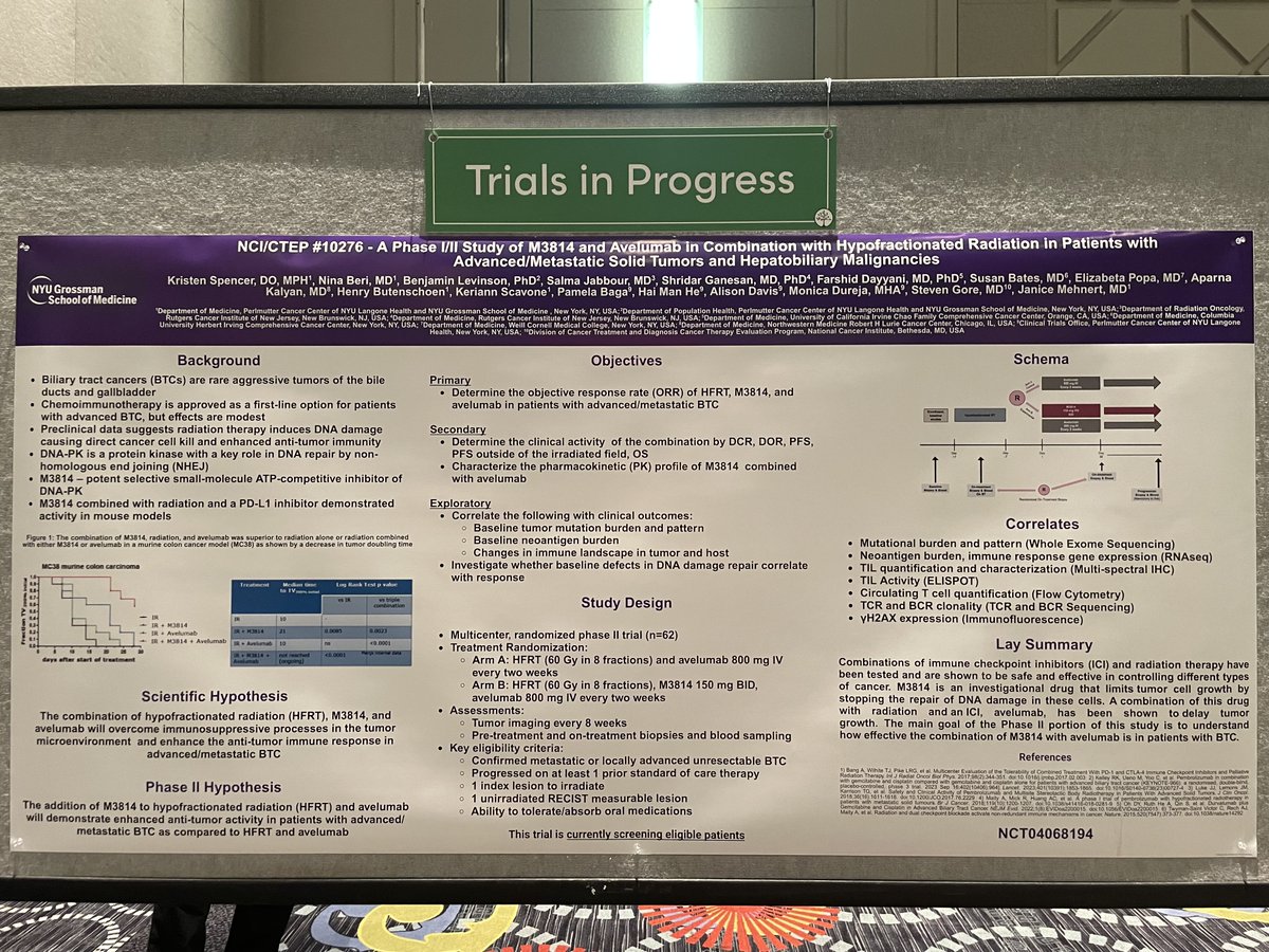 Cholangiocarcinoma Trial Alert: CTEP #10276- can radiation + DNA-PK inhibitor + avelumab overcome resistance to checkpoint inhibitors? Stop by our poster! NCT04068194 #CCF2024 @curecc @Perlmutter_CC @SalmaJabbour1 @JaniceM10