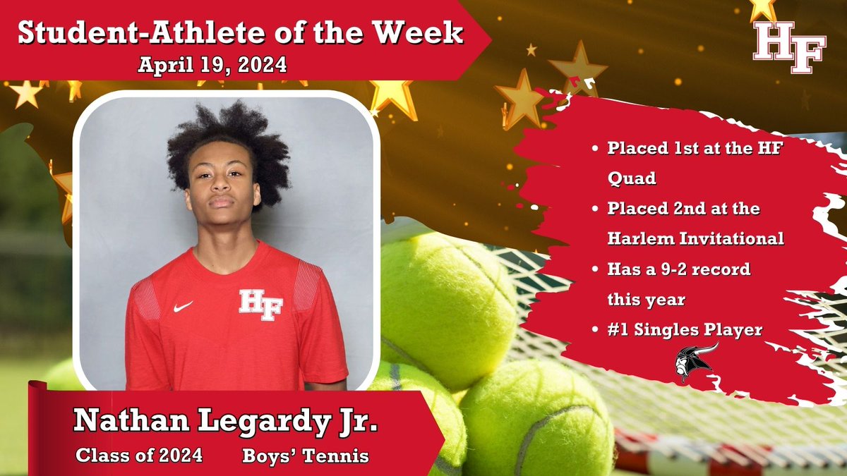 HF Student-Athlete of the Week is Nathan Legardy Jr.! A Senior Captain on Boys' Tennis, he placed 1st at the HF Quad, 2nd at the Harlem Invitational, and has a 9-2 record! Nathan is also a member of the National Honor Society and a Math Tutor. @HFHSAthletics #GoVikings