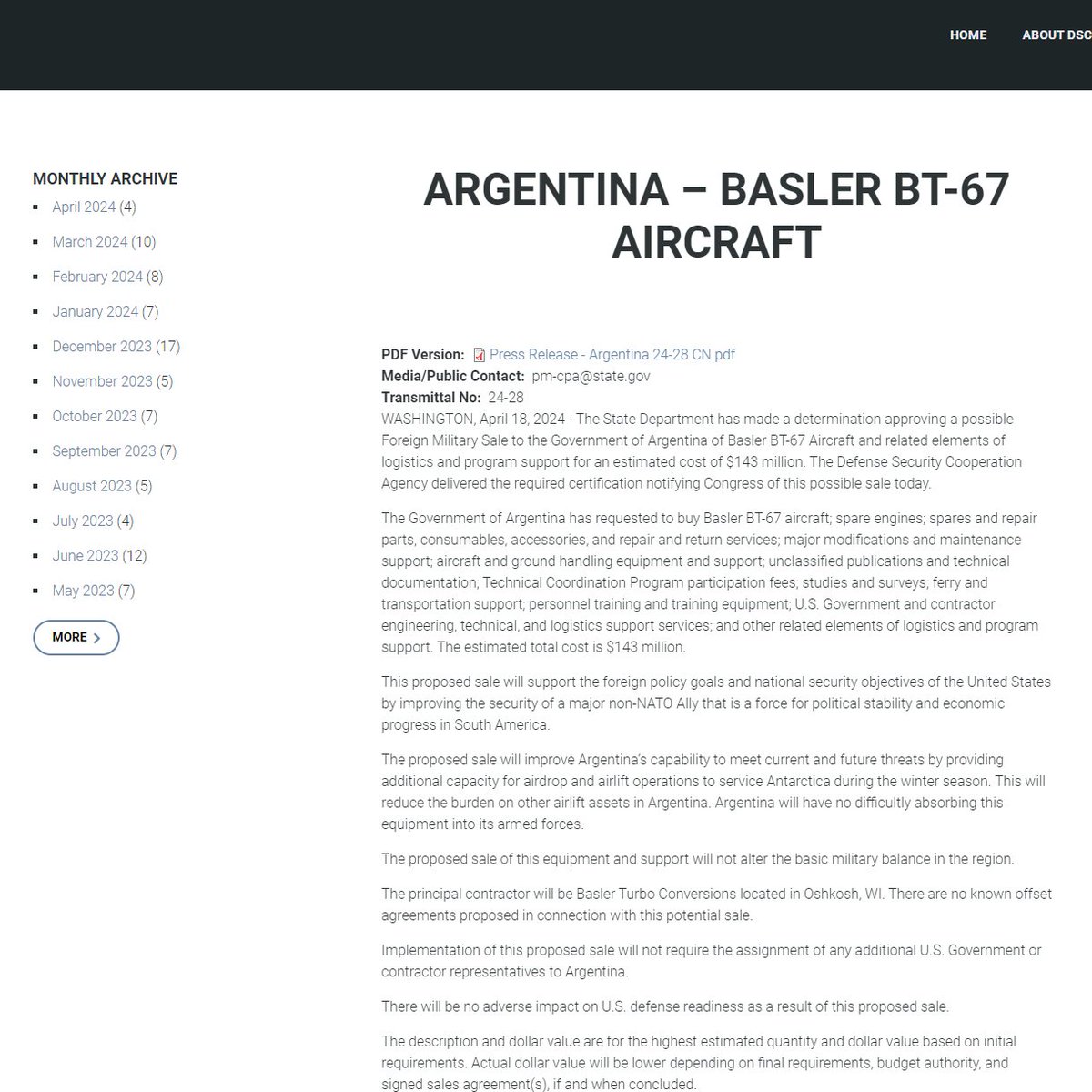 .@StateDept 🇺🇸 authorizes a proposed Foreign Military Sales #FMS case to 🇦🇷 #Argentina for Basler BT-67 Aircraft and related elements of logistics and program support with an estimated cost of $143 million. tinyurl.com/ytc98sn7