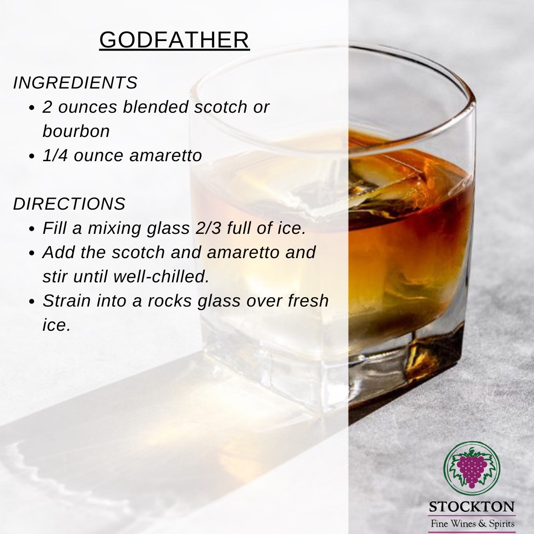 Tomorrow (Friday, 4/19) is #AmarettoDay! To celebrate, we’re sharing a #CocktailRecipe for the #Godfather 🥃 This 1970s-era drink calls for two ingredients: whiskey & amaretto. Named for the popular, Oscar-winning film “The Godfather,” it’s easy to make 🤌 #StocktonFineWines